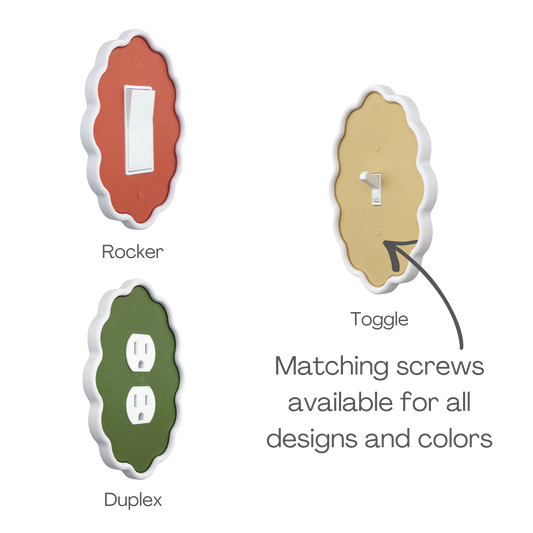 Wavy Oval 3D Wall Plate shown in rocker, toggle and duplex outlet styles with matching screws
