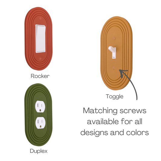 Soft Rectangle Wall Plate shown in rocker, toggle and duplex outlet styles with matching screws