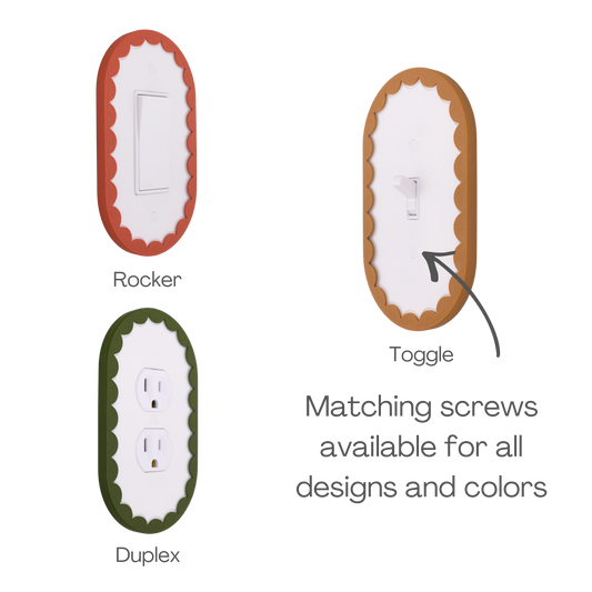 Scalloped Oval 3D wall plate custom frame shown in rocker, toggle, and duplex outlet styles in different frame colors