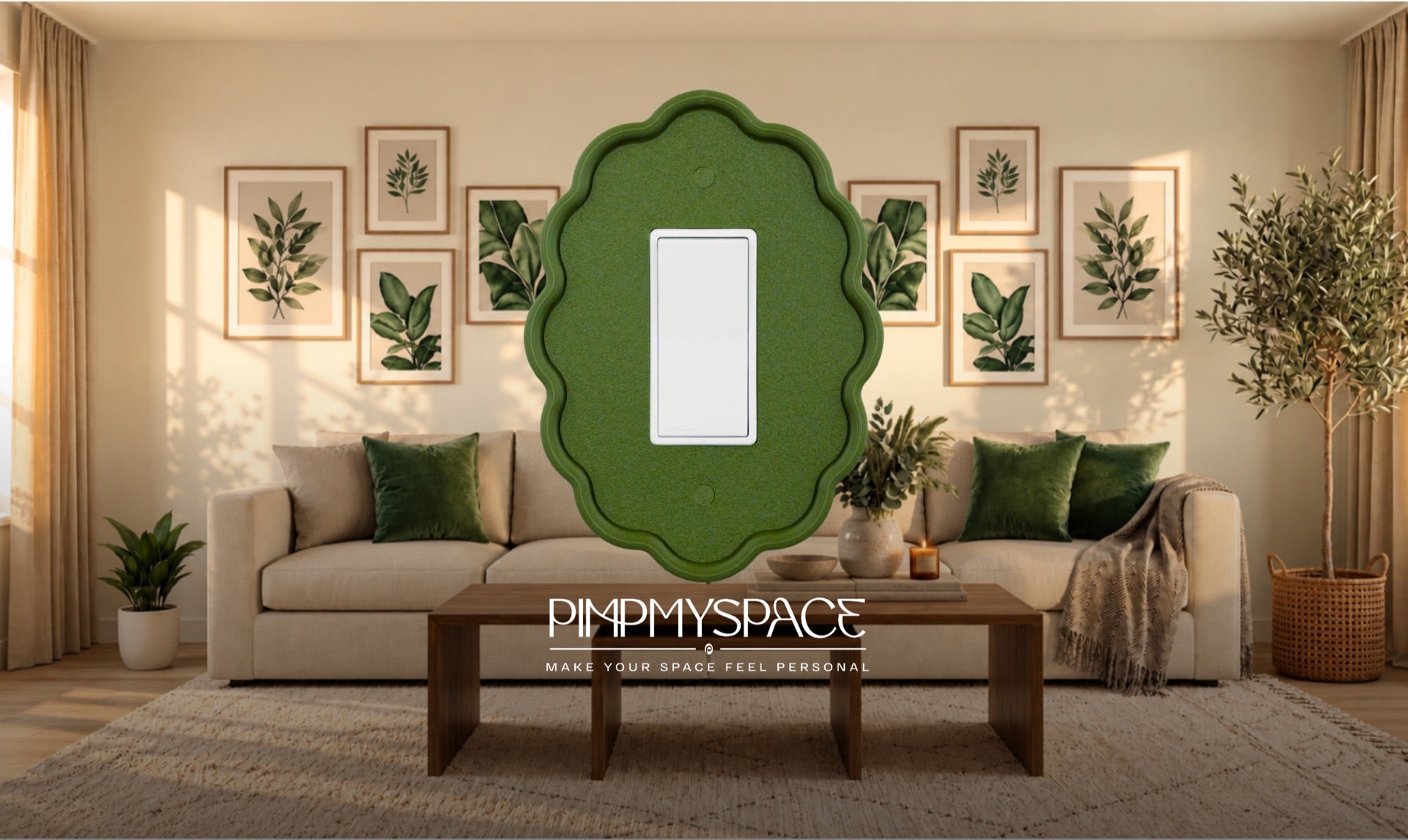 Living room with a green wavy PimpMySpace switch plate