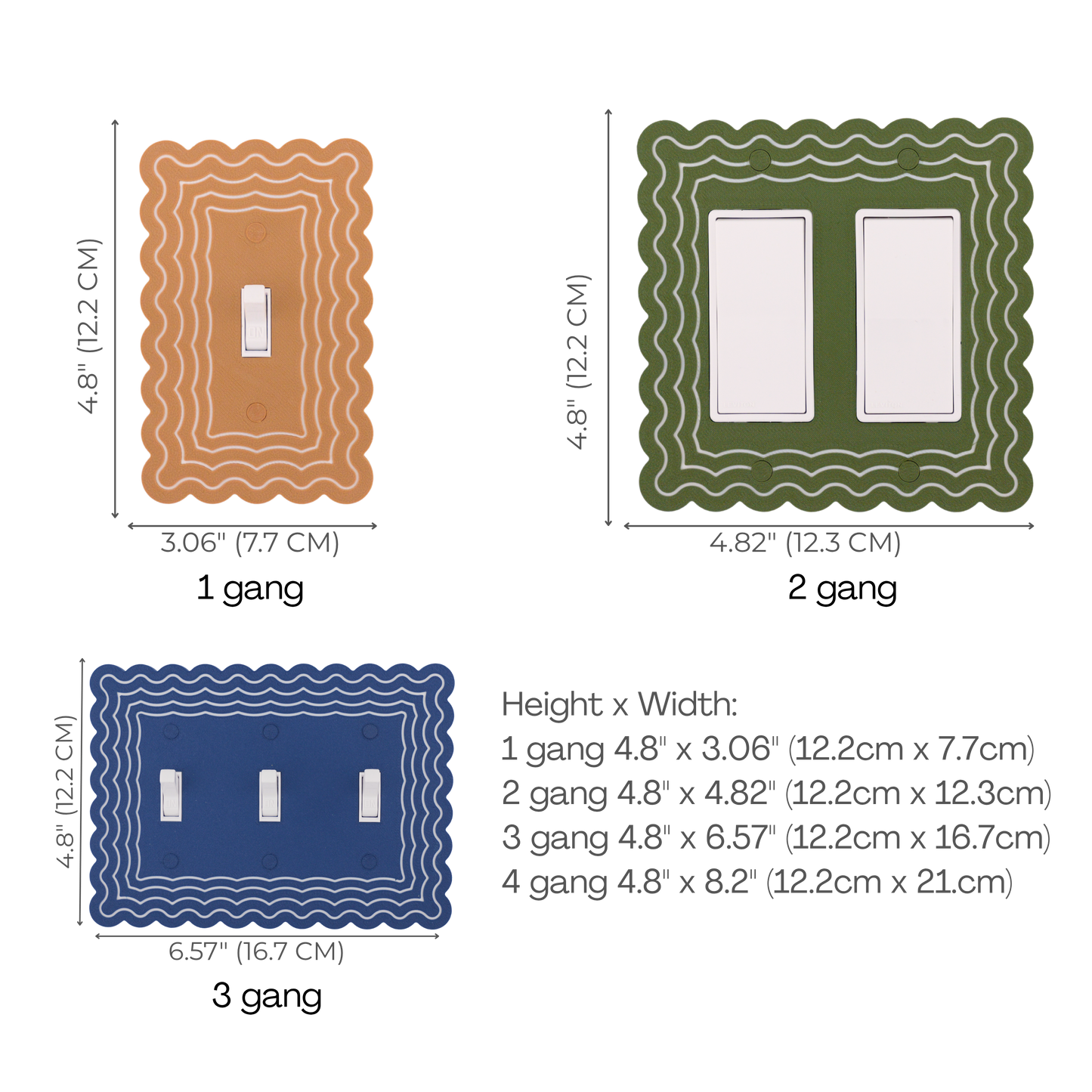 Scalloped Rectangle 4 Rows wall plate size chart — 1 to 4 gang dimensions in inches and cm