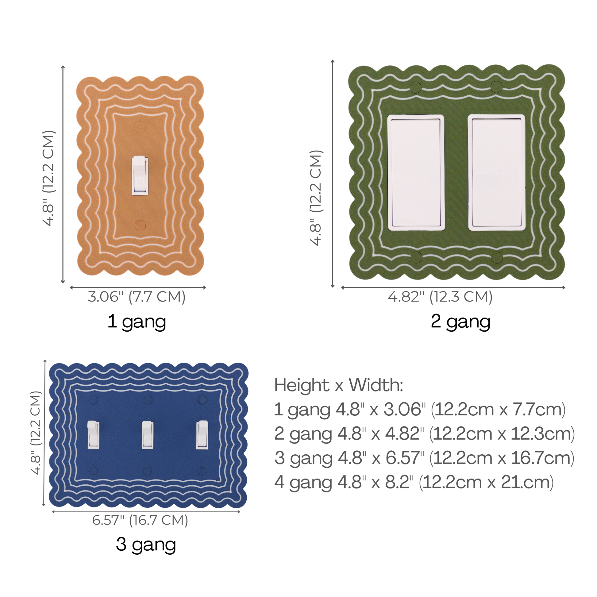 Scalloped Rectangle 4 Rows wall plate size chart — 1 to 4 gang dimensions in inches and cm