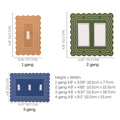 Scalloped Rectangle 4 Rows wall plate size chart — 1 to 4 gang dimensions in inches and cm