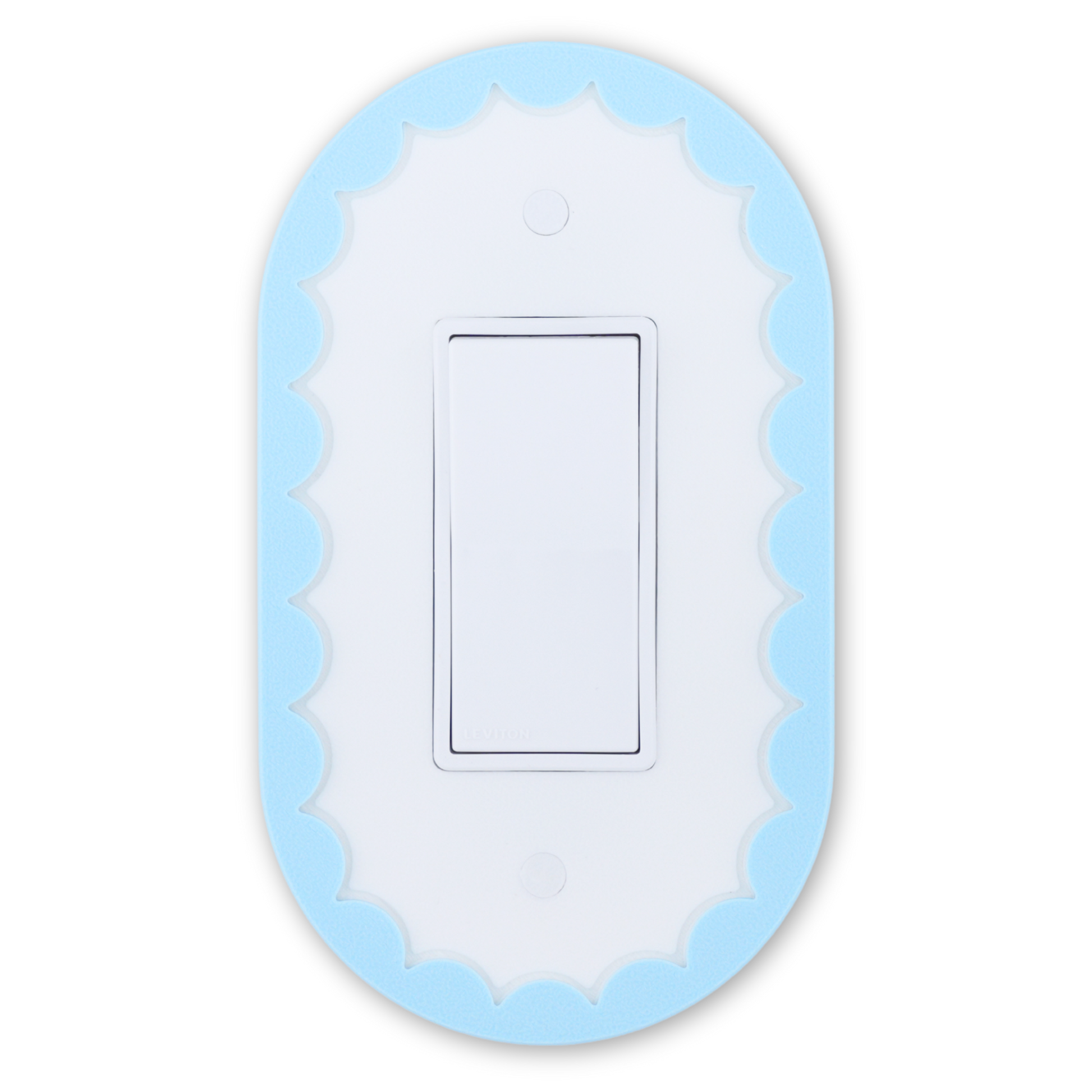 Scalloped Oval 3D wall plate with custom frame in light blue and white center — single rocker switch