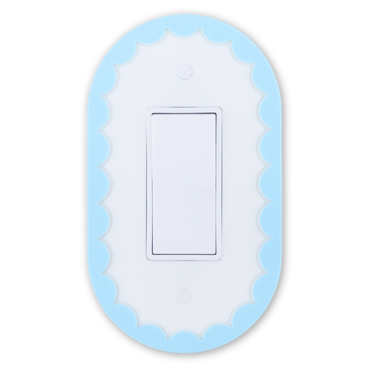 Scalloped Oval 3D wall plate with custom frame in light blue and white center — single rocker switch