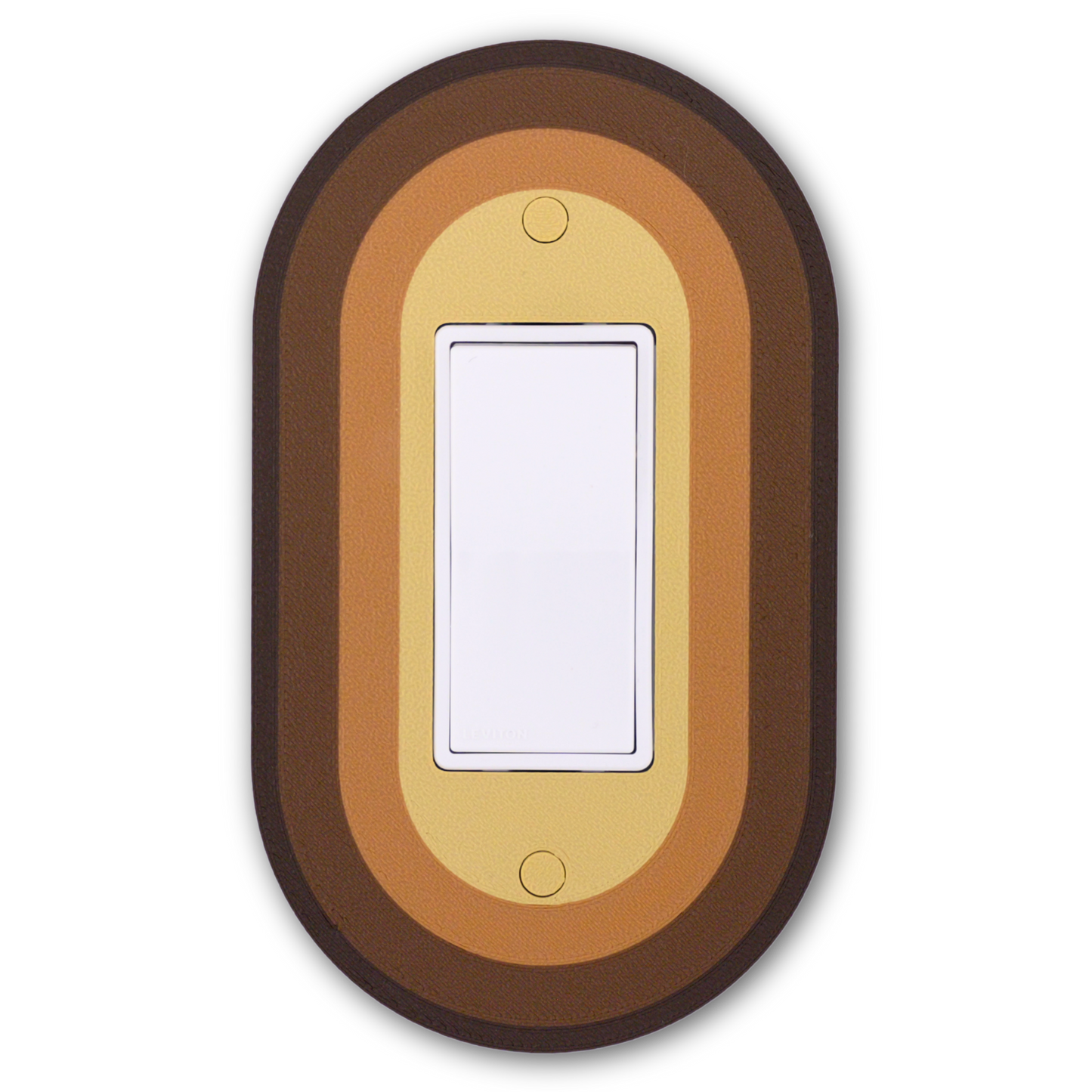 Oval Colored wall plate in brown, tan, and gold concentric rings — single rocker switch