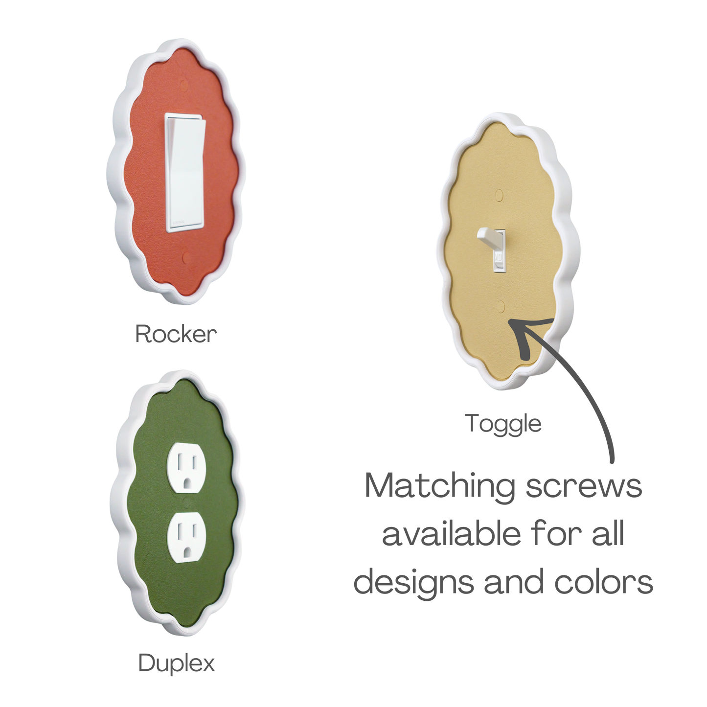 Wavy Oval 3D Wall Plate shown in rocker, toggle and duplex outlet styles with matching screws