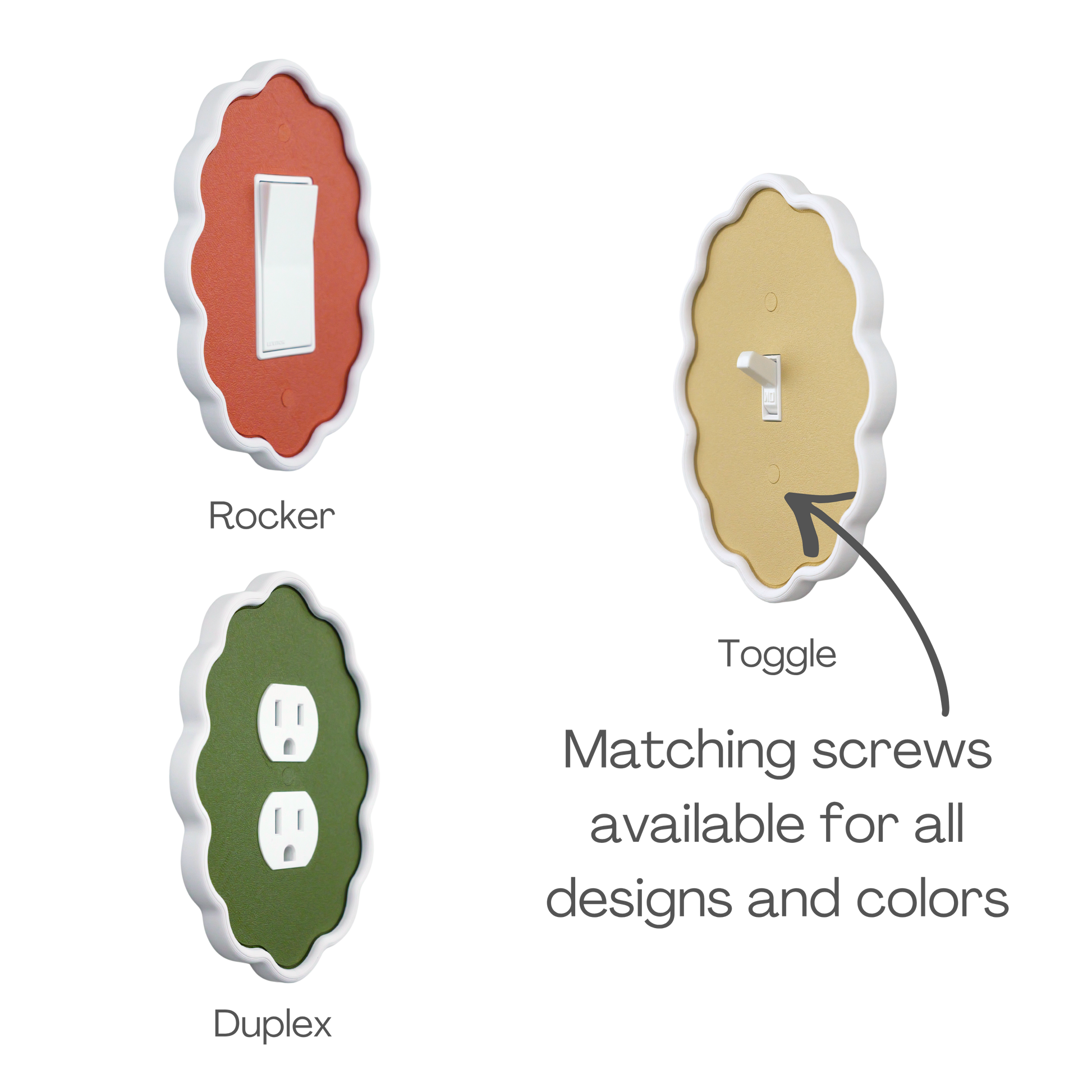 Wavy Oval 3D Wall Plate shown in rocker, toggle and duplex outlet styles with matching screws