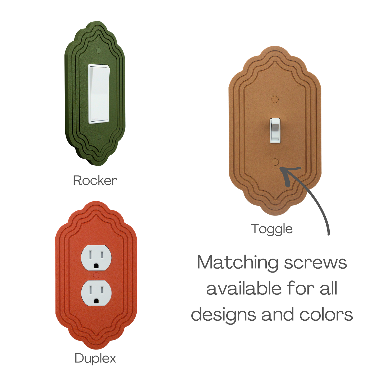 Vintage 3 Lines Wall Plate shown in rocker, toggle and duplex outlet styles with matching screws
