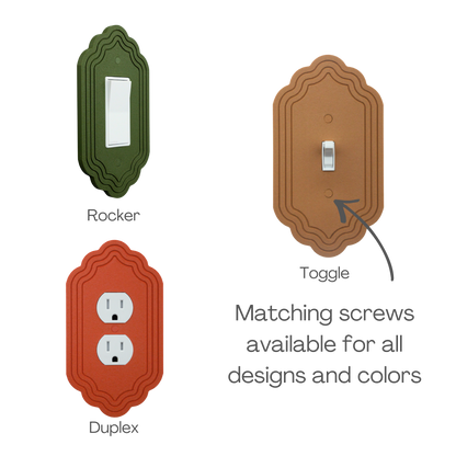 Vintage 3 Lines Wall Plate shown in rocker, toggle and duplex outlet styles with matching screws