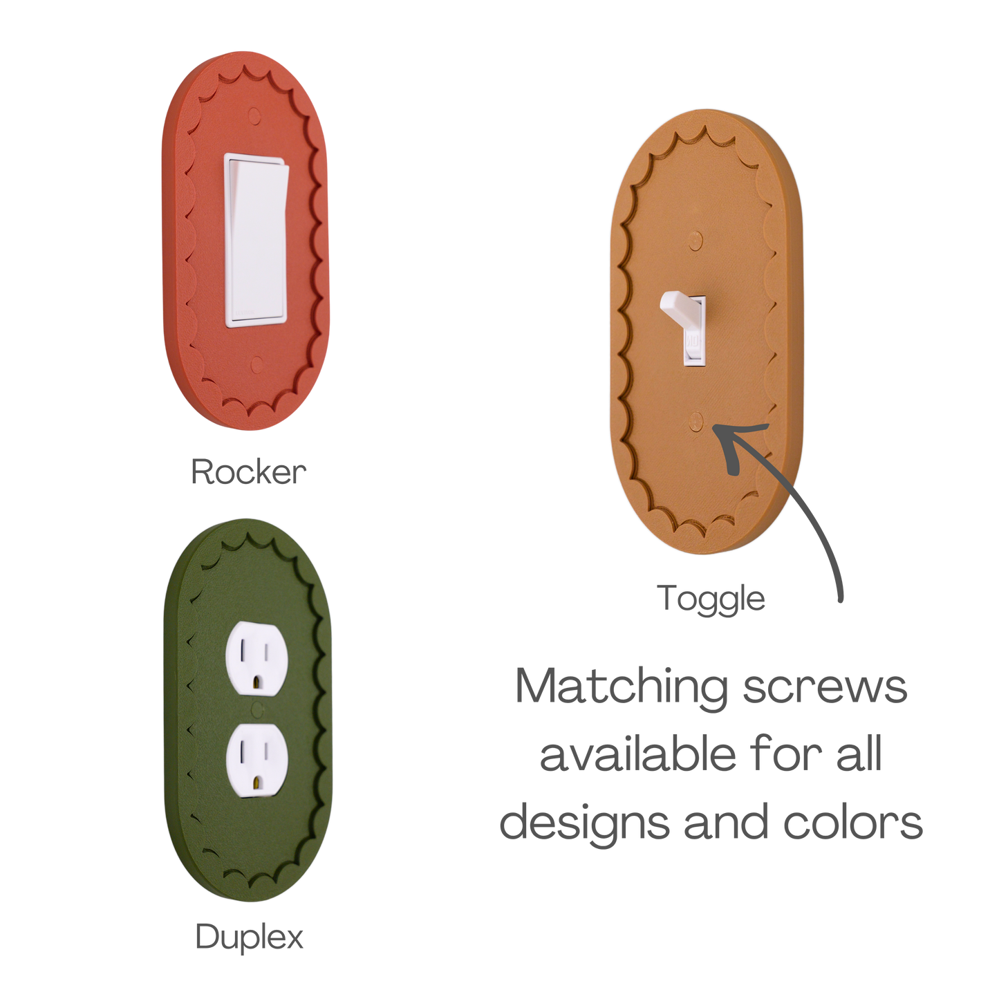 Scalloped Oval 3D wall plate shown in rocker, toggle, and duplex outlet styles in different colors