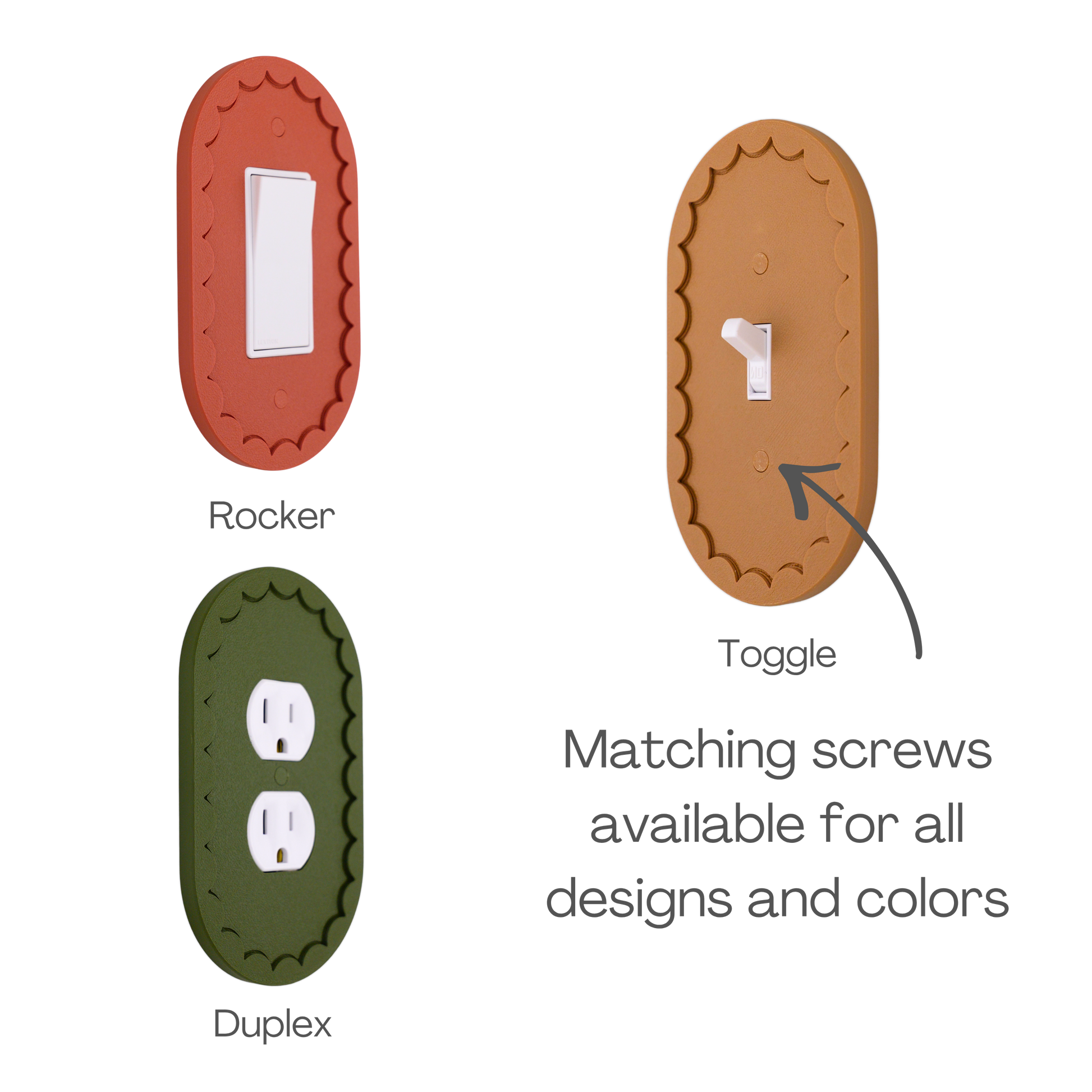 Scalloped Oval 3D wall plate shown in rocker, toggle, and duplex outlet styles in different colors
