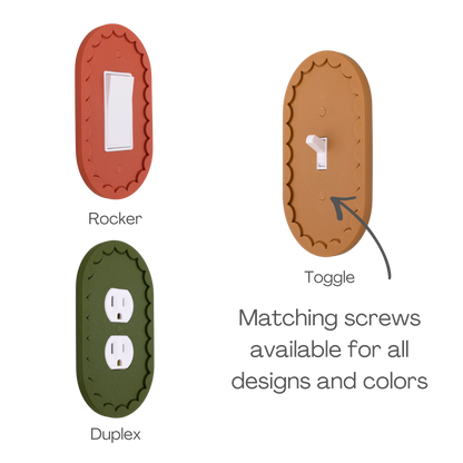 Scalloped Oval 3D wall plate shown in rocker, toggle, and duplex outlet styles in different colors