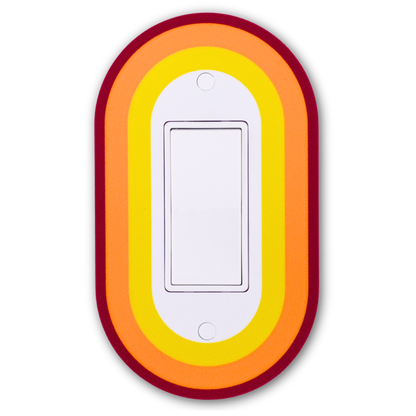 Oval Colored wall plate in yellow, orange, and maroon concentric rings — single rocker switch