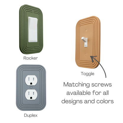 Classic Rectangle Wall Plate shown in rocker, toggle and duplex outlet styles with matching screws