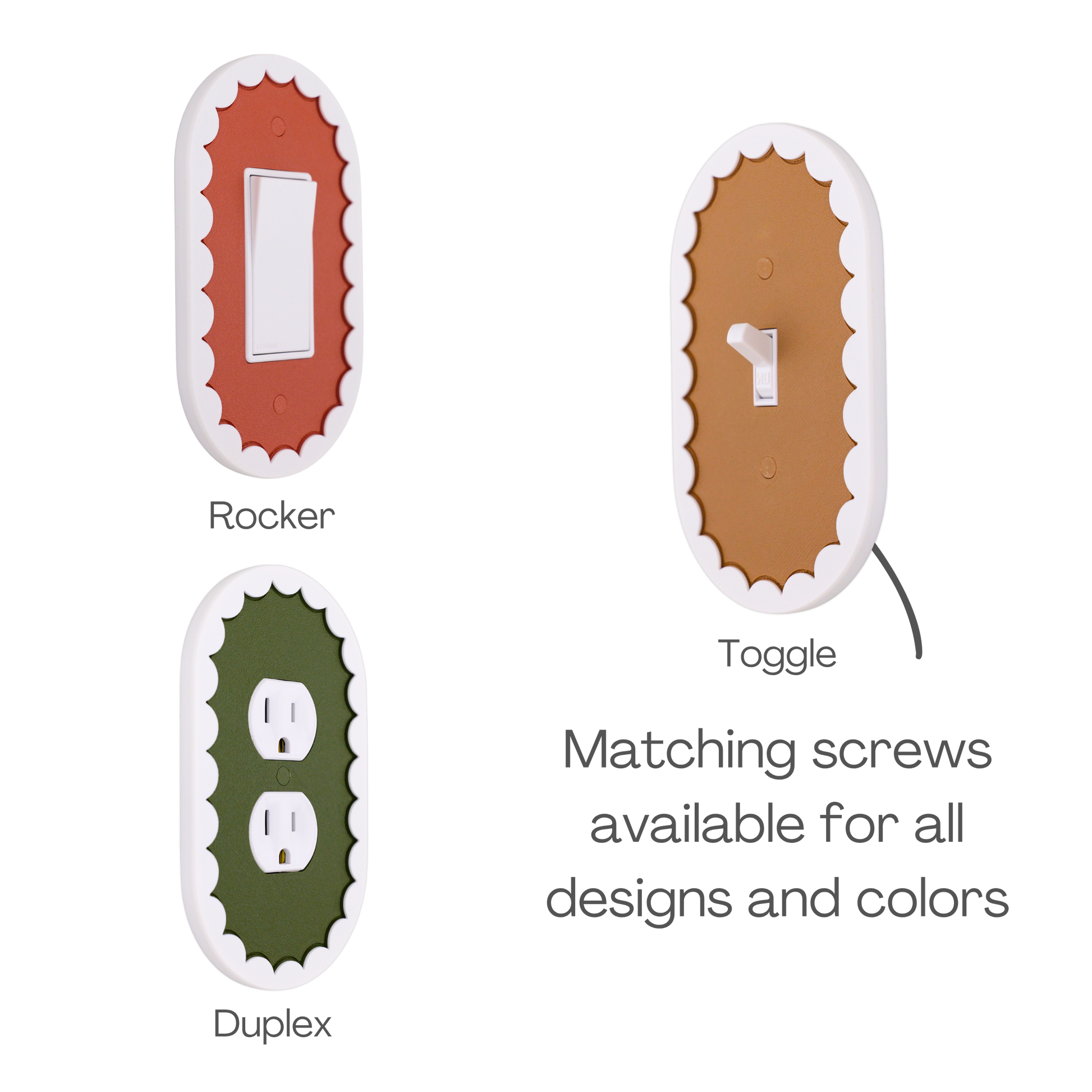 Scalloped Oval 3D wall plate custom center shown in rocker, toggle, and duplex outlet styles in different center colors