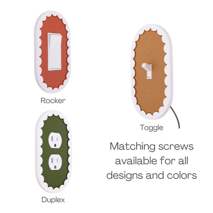 Scalloped Oval 3D wall plate custom center shown in rocker, toggle, and duplex outlet styles in different center colors