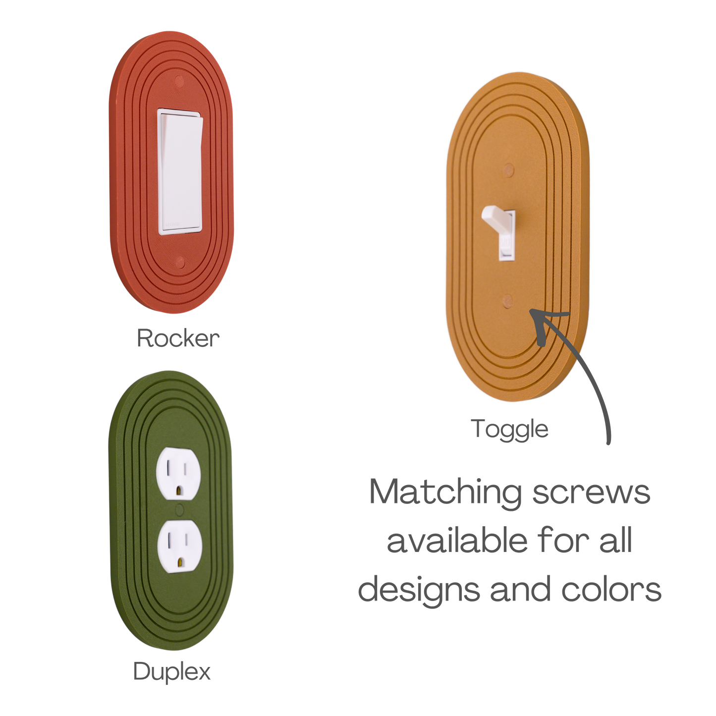 Soft Rectangle Wall Plate shown in rocker, toggle and duplex outlet styles with matching screws