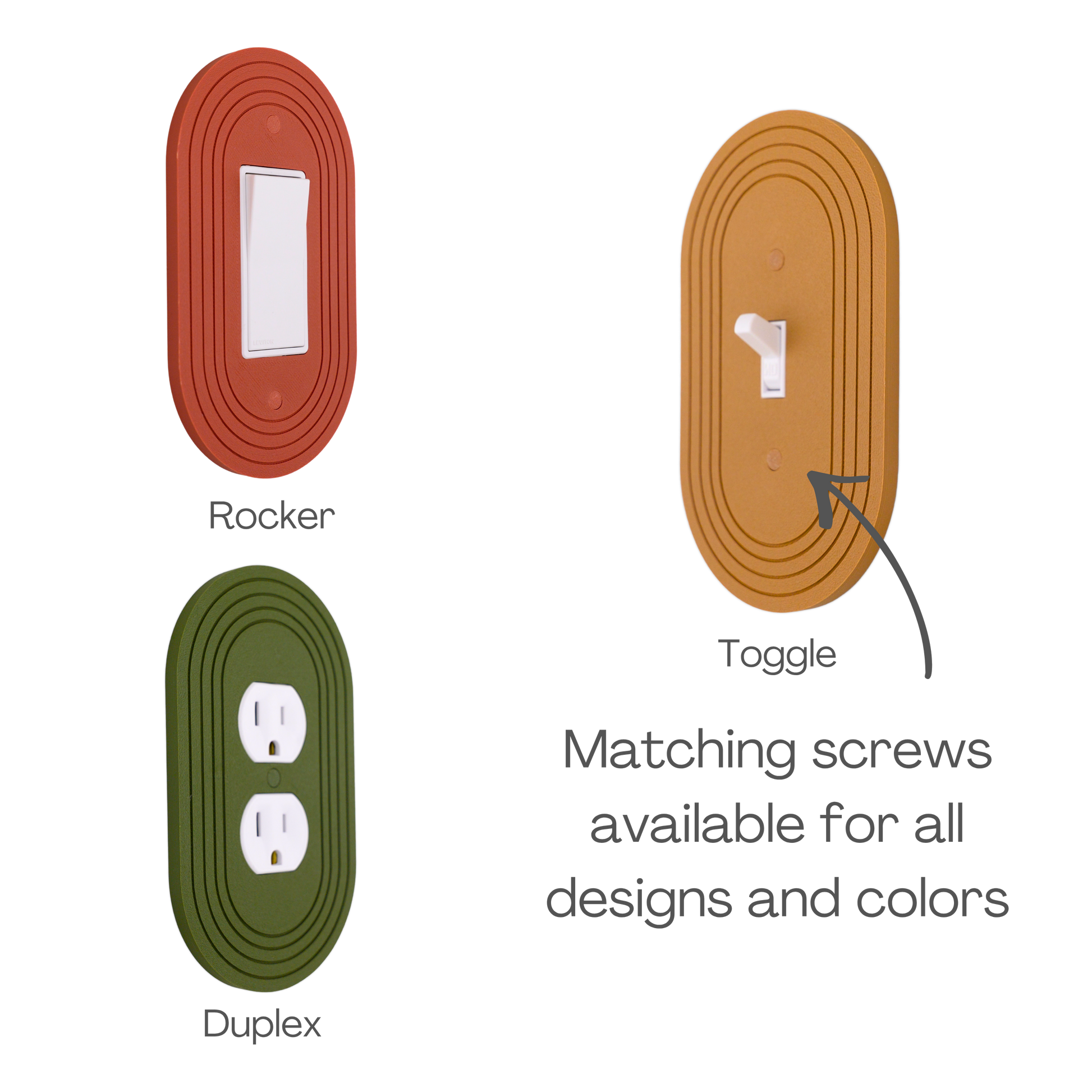 Soft Rectangle Wall Plate shown in rocker, toggle and duplex outlet styles with matching screws