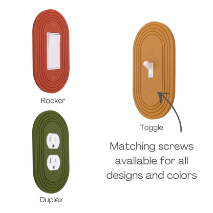 Soft Rectangle Wall Plate shown in rocker, toggle and duplex outlet styles with matching screws
