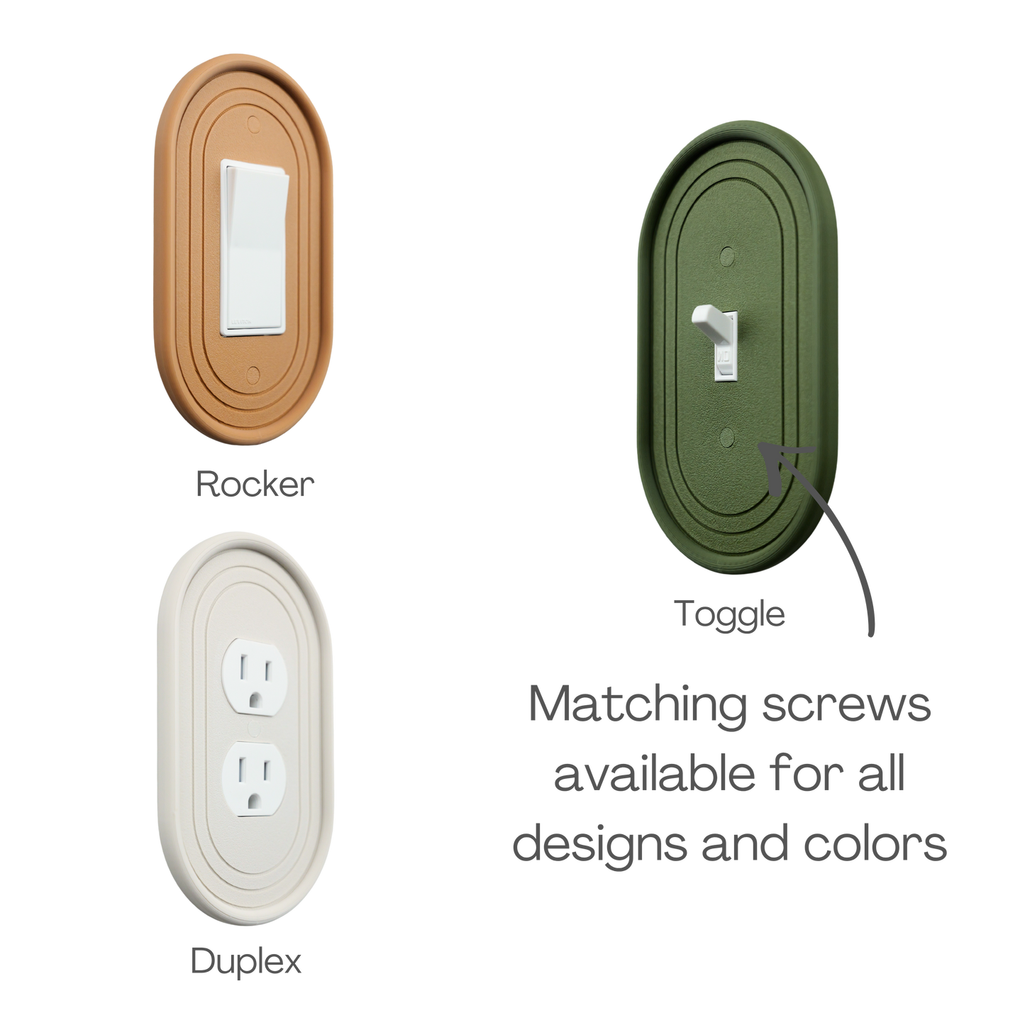Oval 3D Wall Plate available in rocker, toggle, and duplex outlet styles