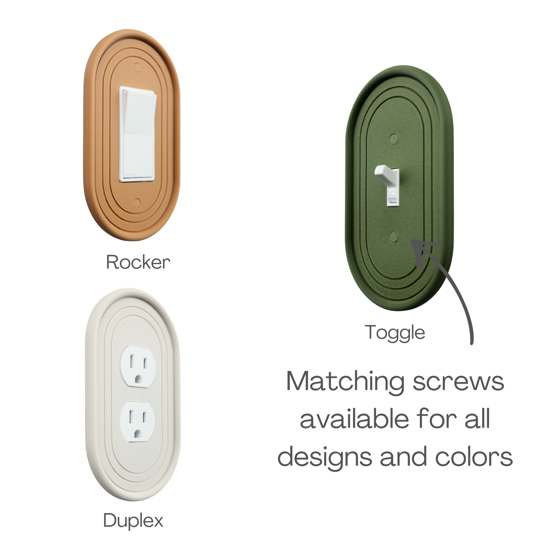 Oval 3D Wall Plate available in rocker, toggle, and duplex outlet styles
