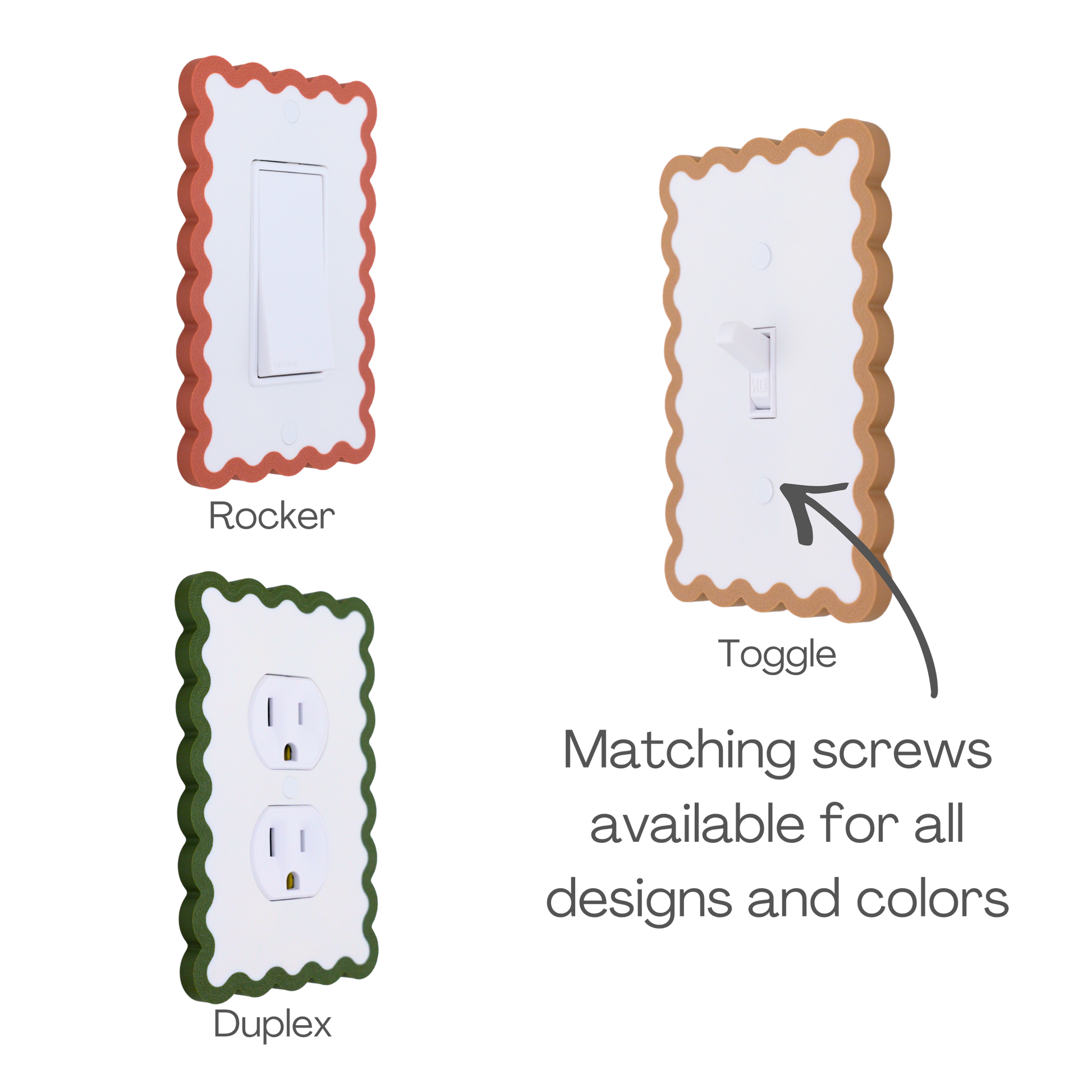 Scalloped Rectangle wall plate available in rocker, toggle, and duplex switch types with matching screws
