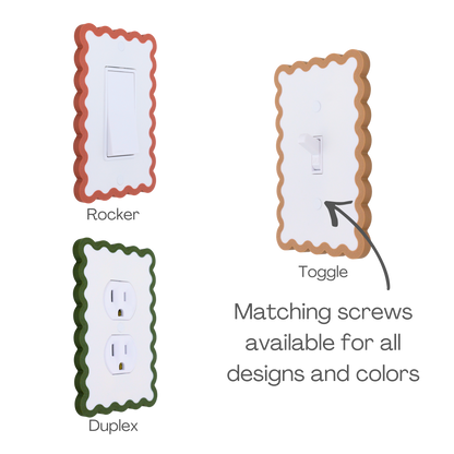 Scalloped Rectangle wall plate available in rocker, toggle, and duplex switch types with matching screws