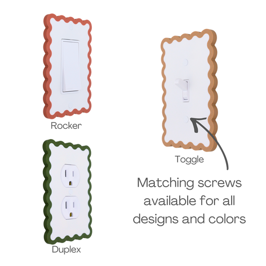 Scalloped Rectangle wall plate available in rocker, toggle, and duplex switch types with matching screws