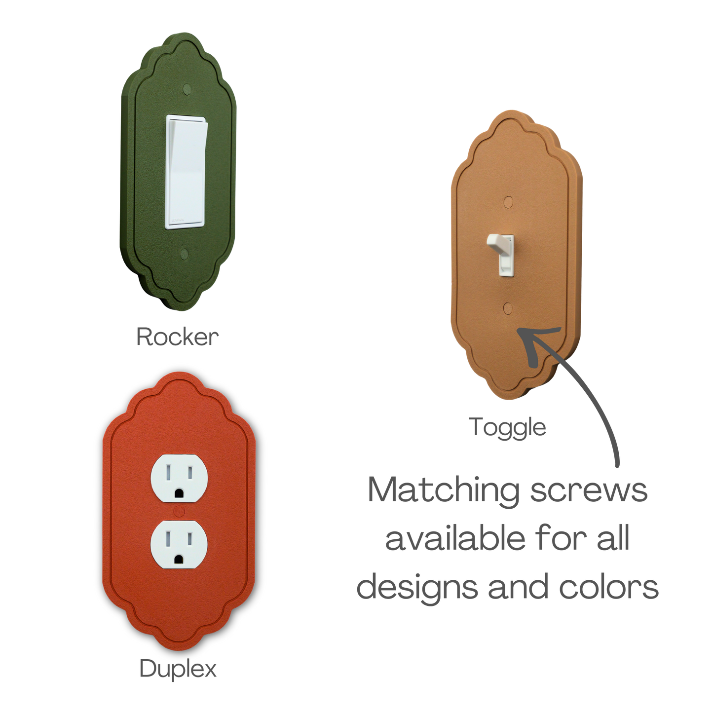 Vintage 1 Lines Wall Plate shown in rocker, toggle and duplex outlet styles with matching screws