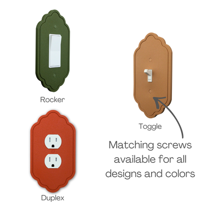 Vintage 1 Lines Wall Plate shown in rocker, toggle and duplex outlet styles with matching screws