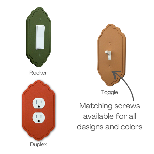 Vintage 1 Lines Wall Plate shown in rocker, toggle and duplex outlet styles with matching screws