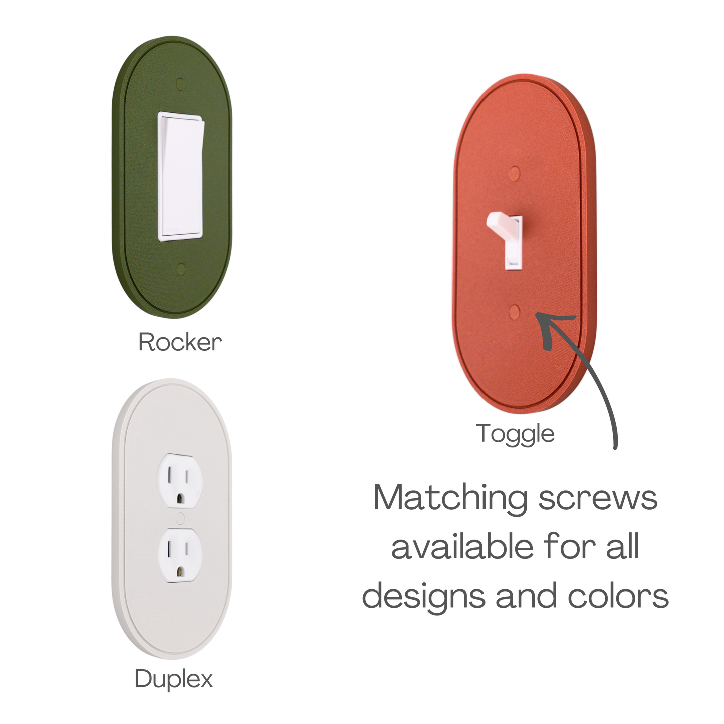 Simple Oval wall plate shown in rocker, toggle, and duplex outlet styles in different colors