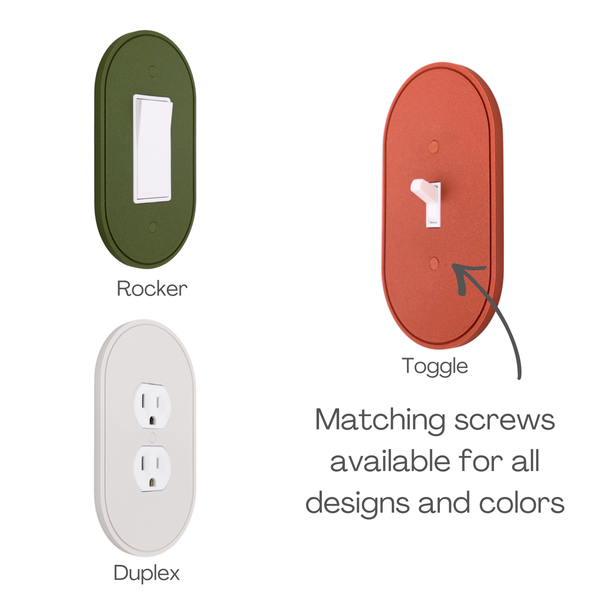 Simple Oval wall plate shown in rocker, toggle, and duplex outlet styles in different colors