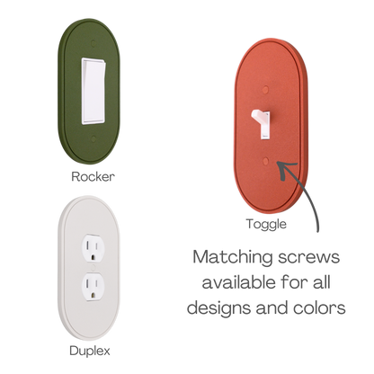 Simple Oval wall plate shown in rocker, toggle, and duplex outlet styles in different colors