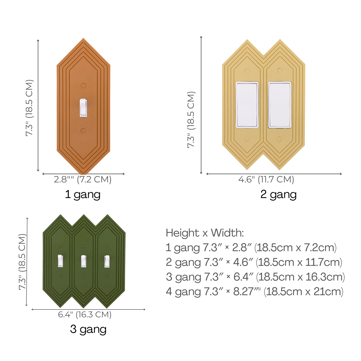 Diamond Wall Plate size chart — 1 to 4 gang dimensions in inches and cm
