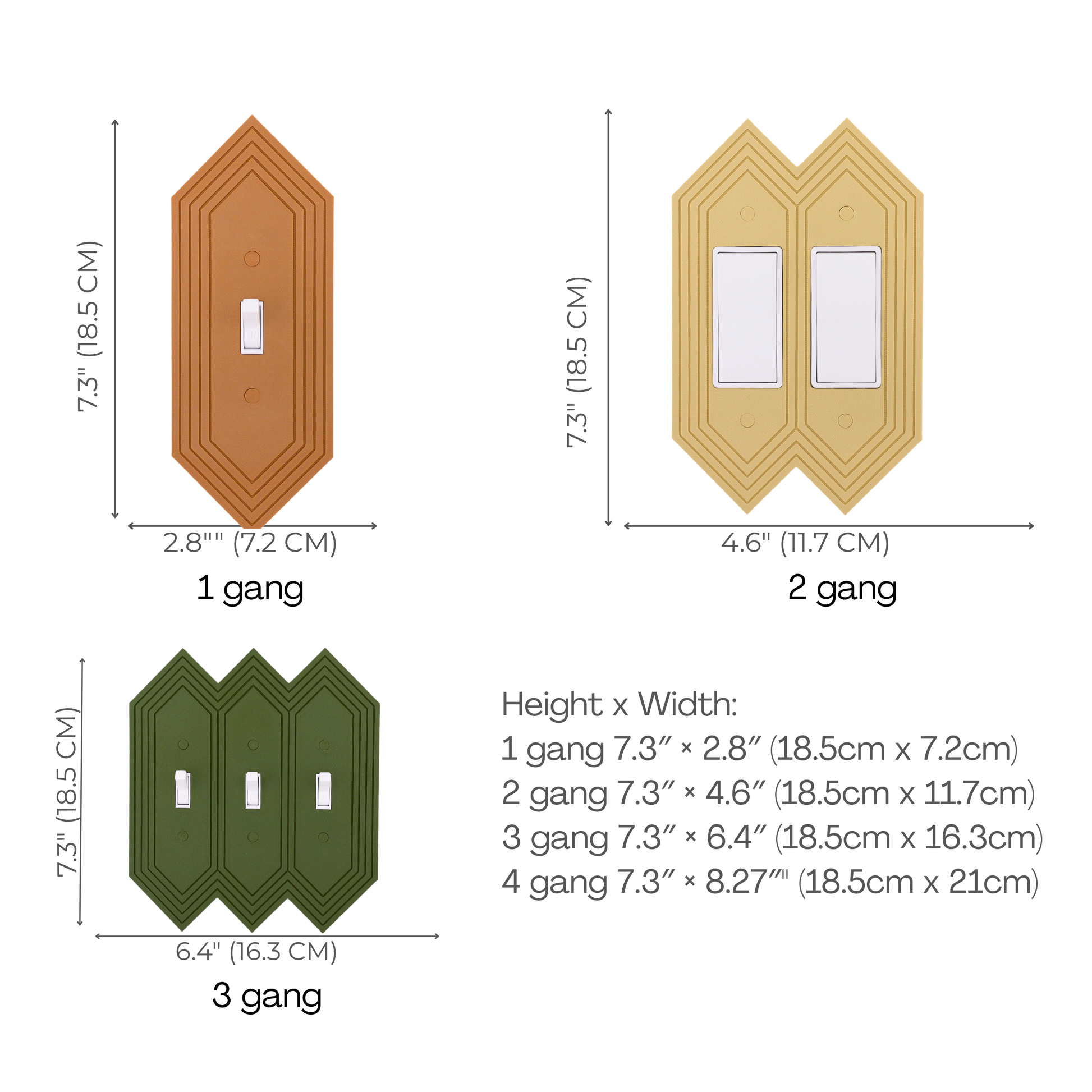 Diamond Wall Plate size chart — 1 to 4 gang dimensions in inches and cm