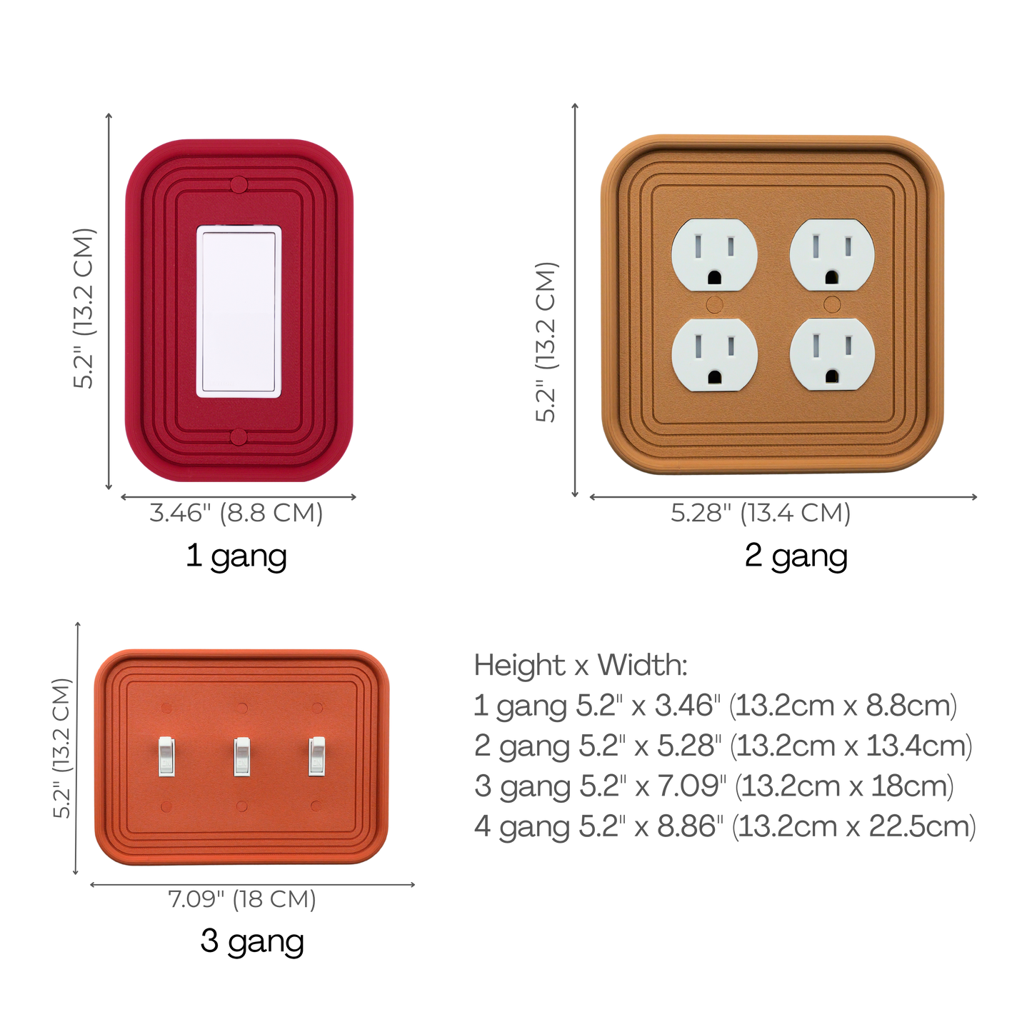 Rectangle 3D Wall Plate size chart — 1 to 4 gang dimensions in inches and cm