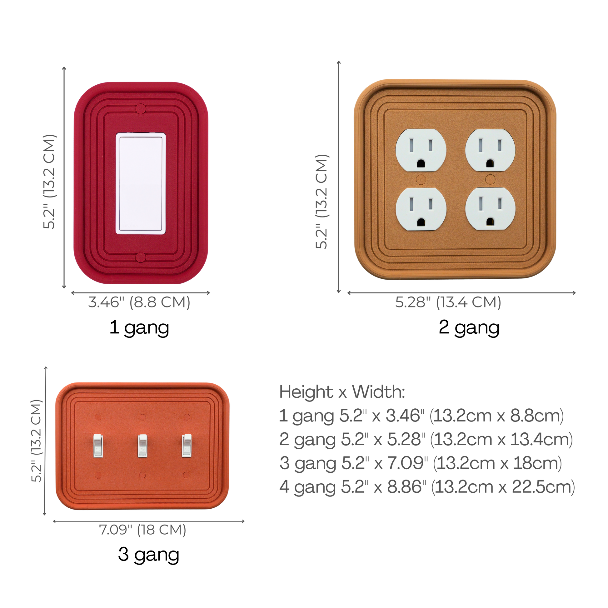 Rectangle 3D Wall Plate size chart — 1 to 4 gang dimensions in inches and cm