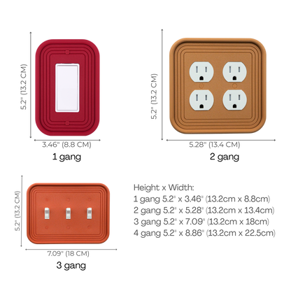 Rectangle 3D Wall Plate size chart — 1 to 4 gang dimensions in inches and cm