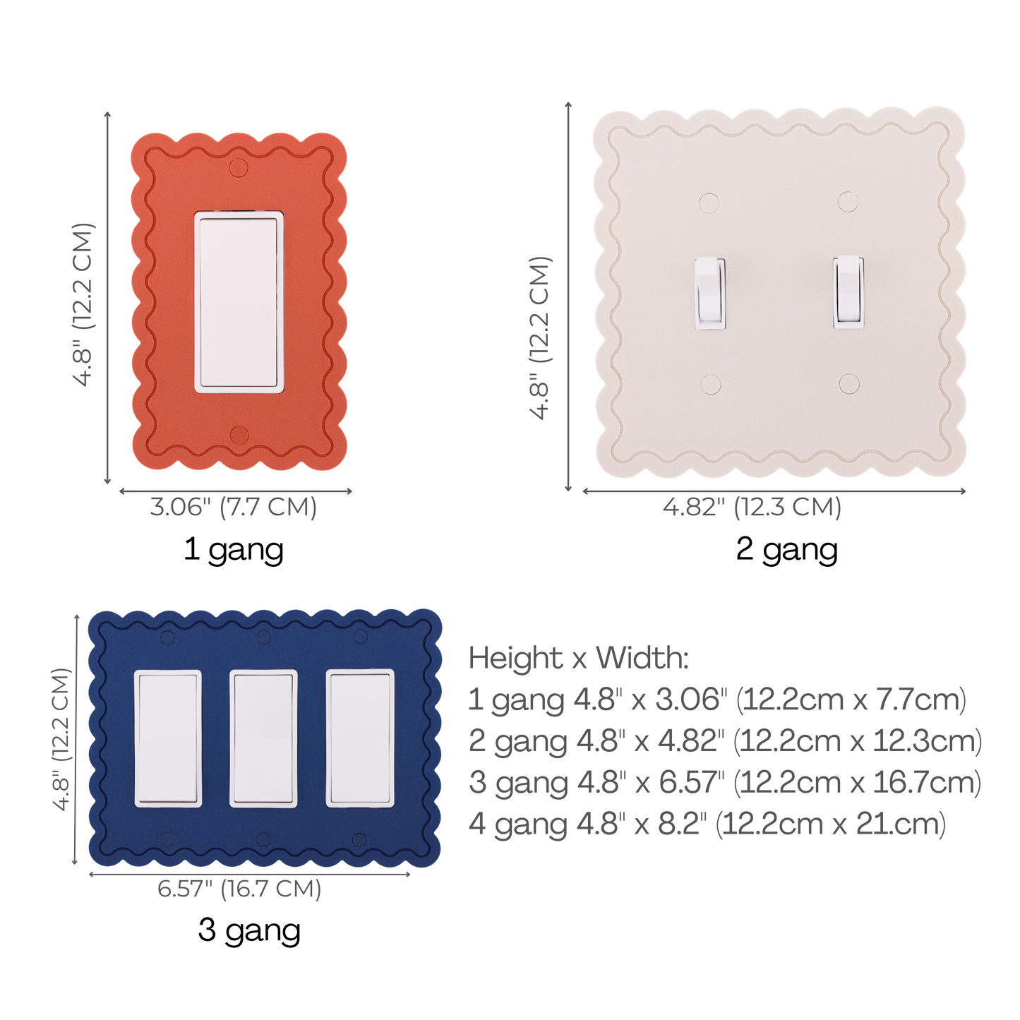 Scalloped Rectangle 1 Row wall plate size chart — 1 to 4 gang dimensions in inches and cm