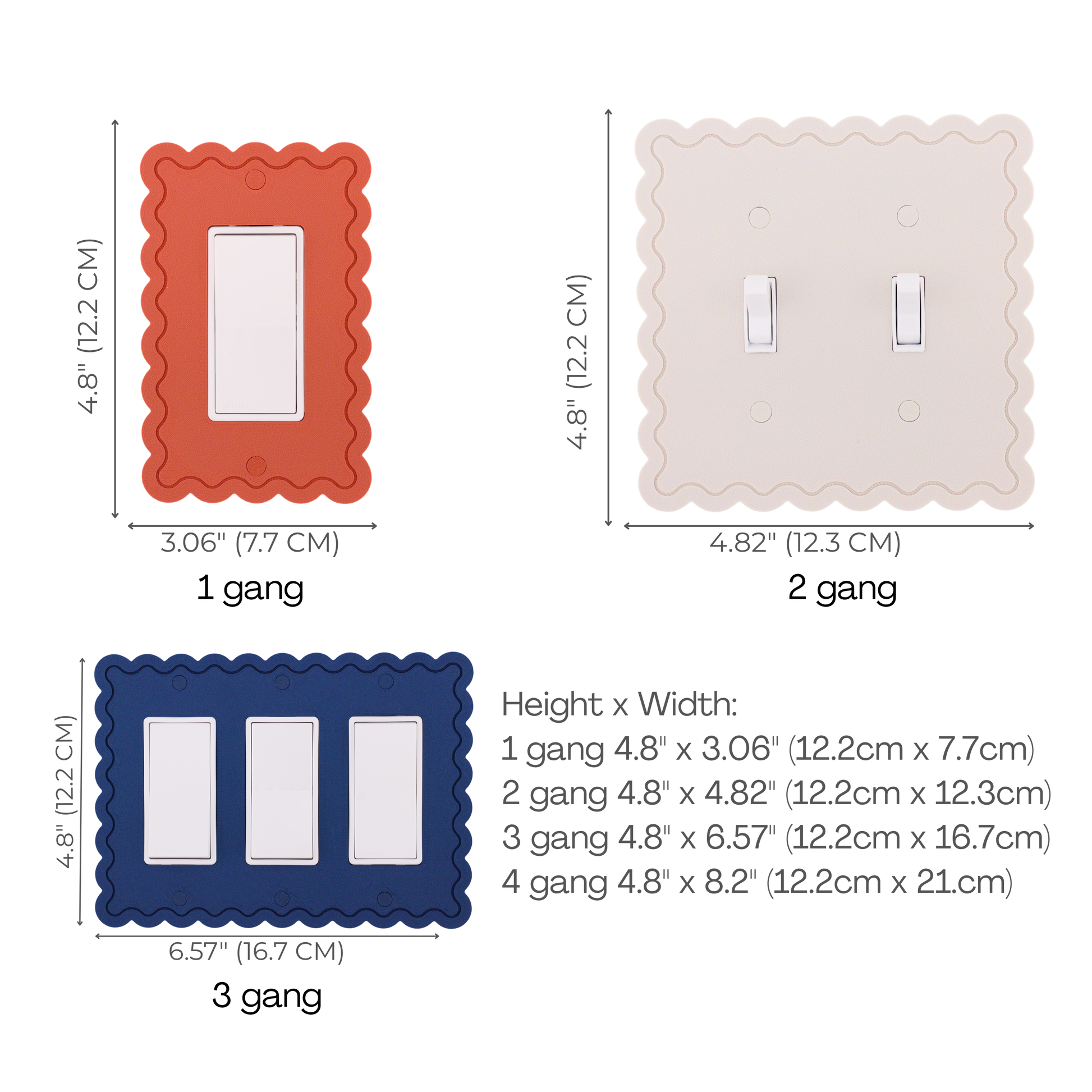 Scalloped Rectangle 1 Row wall plate size chart — 1 to 4 gang dimensions in inches and cm