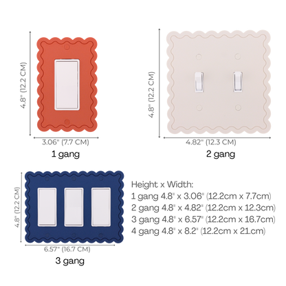 Scalloped Rectangle 1 Row wall plate size chart — 1 to 4 gang dimensions in inches and cm