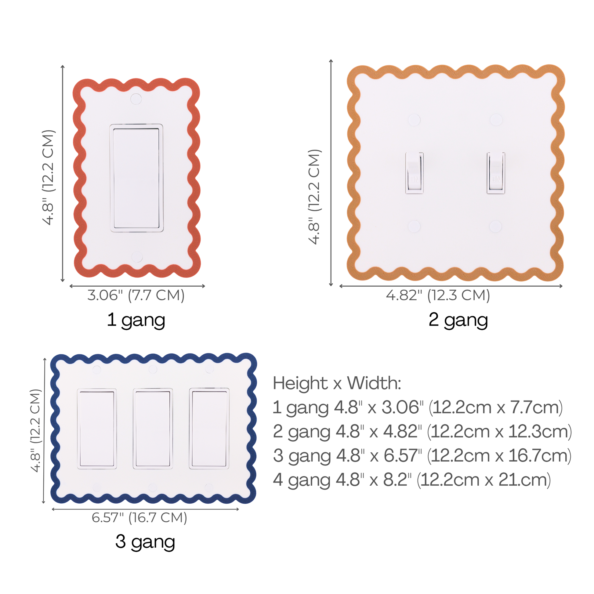 Scalloped Rectangle wall plate size chart — 1 to 4 gang dimensions in inches and cm