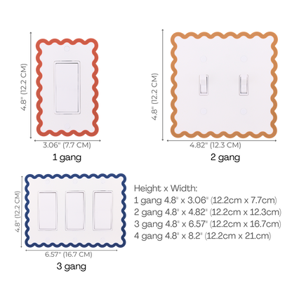 Scalloped Rectangle wall plate size chart — 1 to 4 gang dimensions in inches and cm