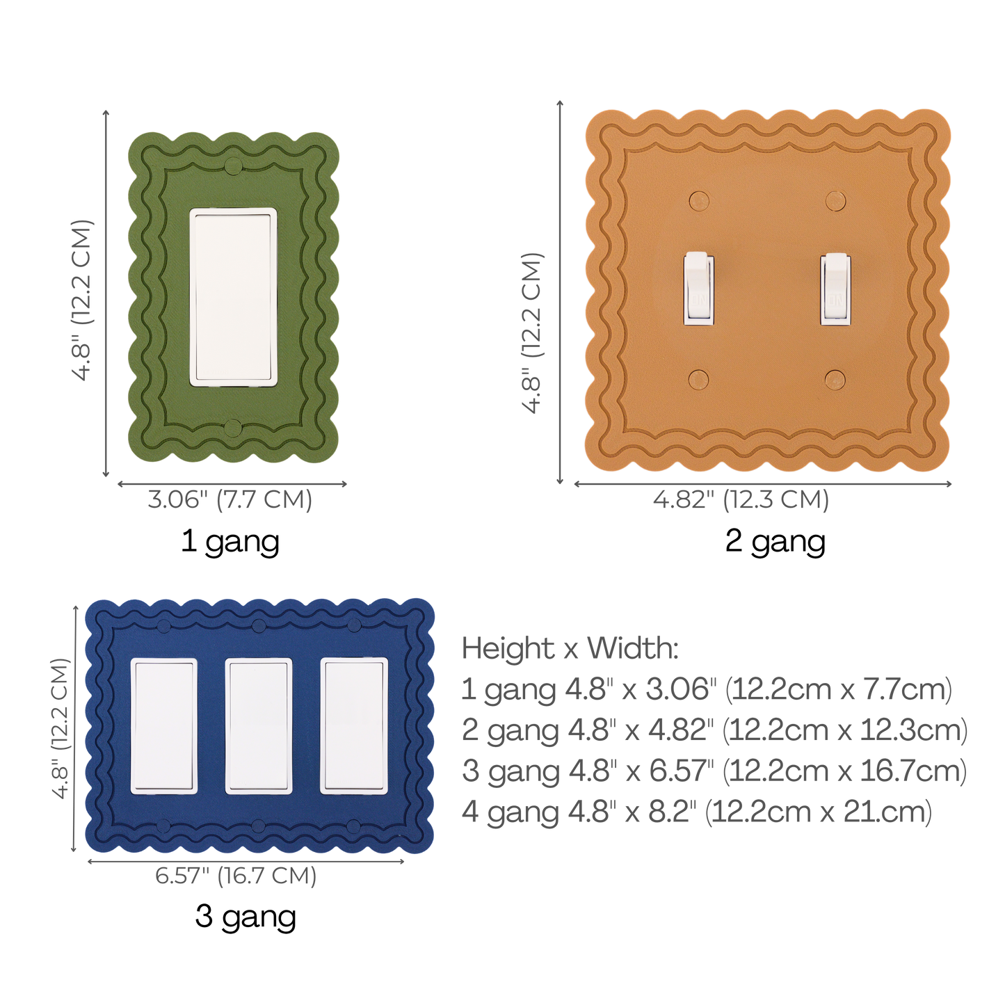 Scalloped Rectangle 2 Rows wall plate size chart — 1 to 4 gang dimensions in inches and cm