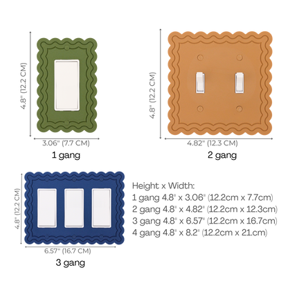 Scalloped Rectangle 2 Rows wall plate size chart — 1 to 4 gang dimensions in inches and cm