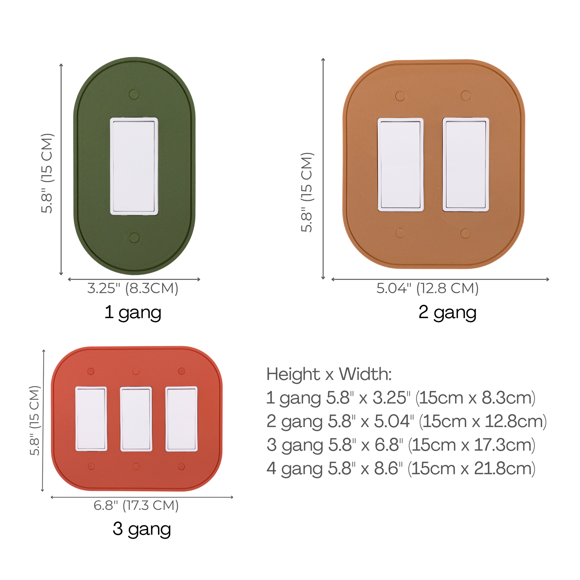 Simple Oval wall plate size chart — 1 to 4 gang dimensions in inches and cm
