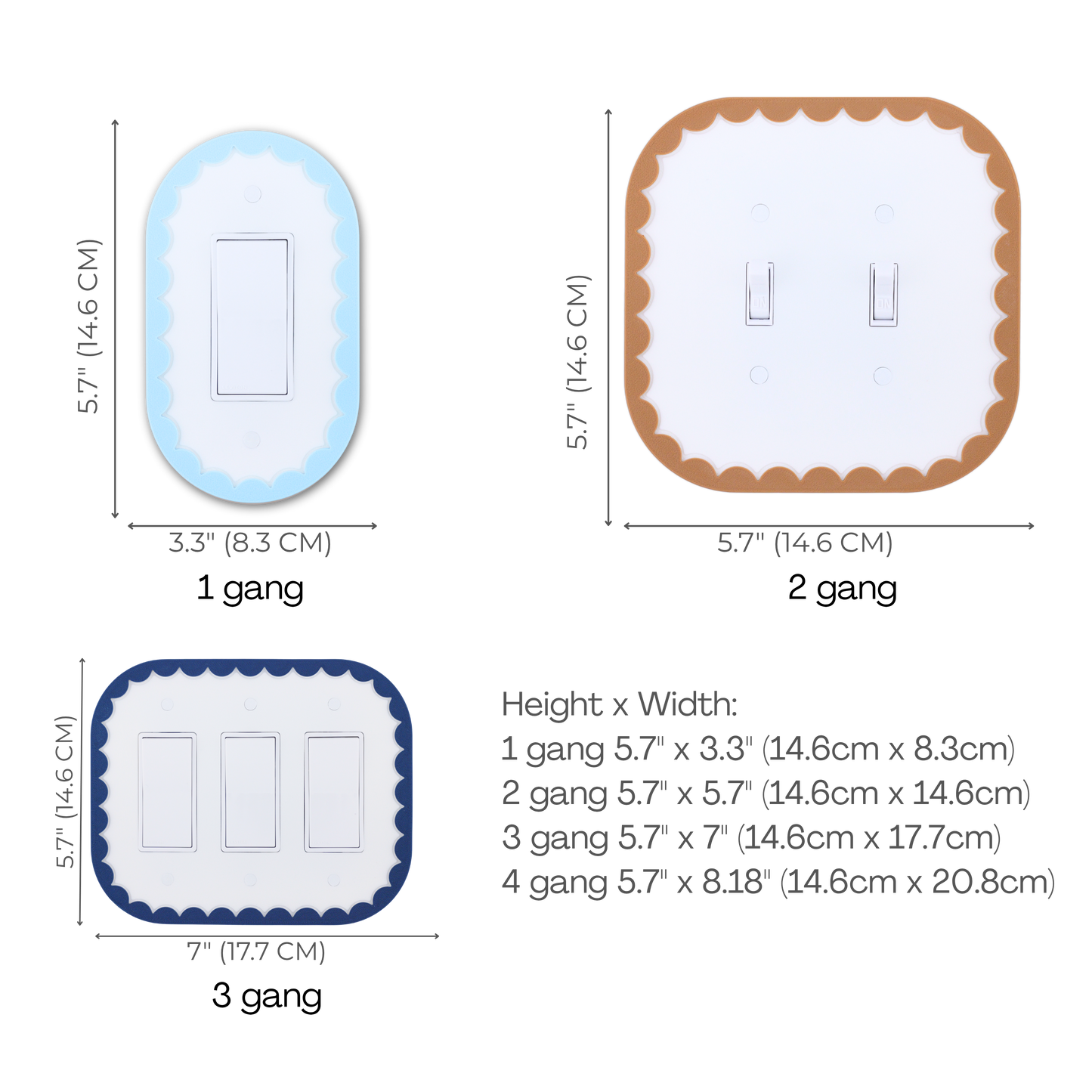 Scalloped Oval 3D wall plate custom frame size chart — 1 to 4 gang dimensions in inches and cm