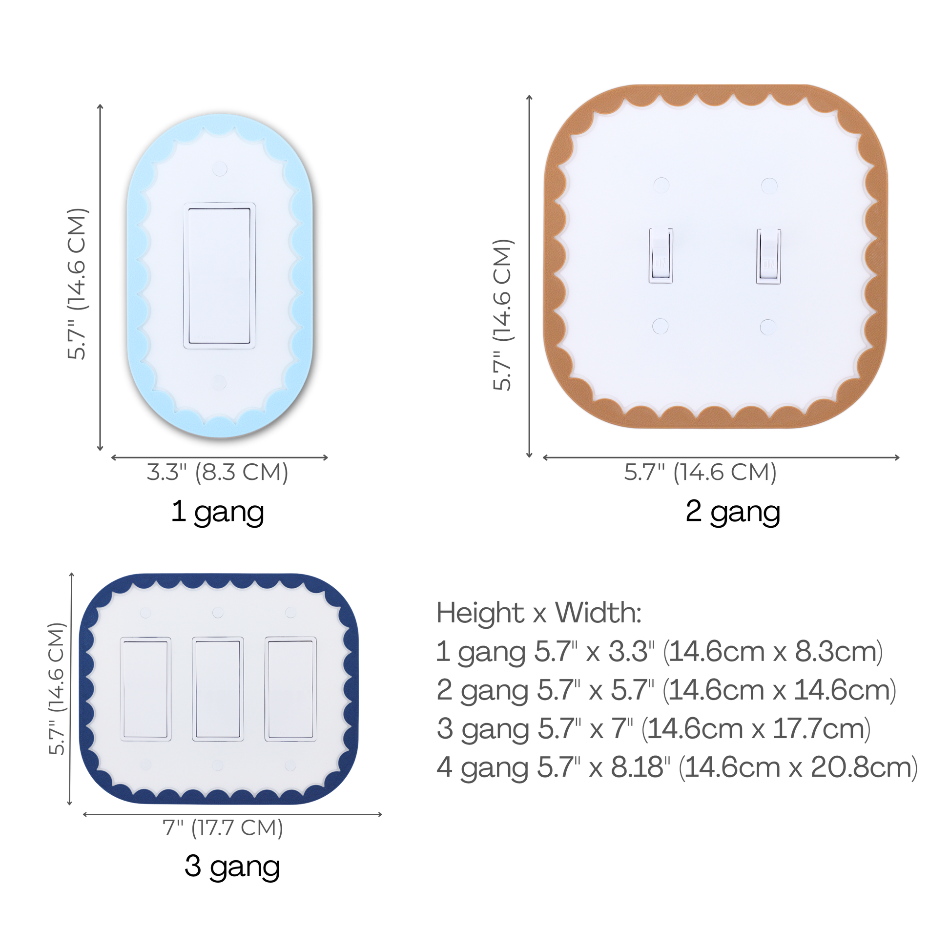 Scalloped Oval 3D wall plate custom frame size chart — 1 to 4 gang dimensions in inches and cm